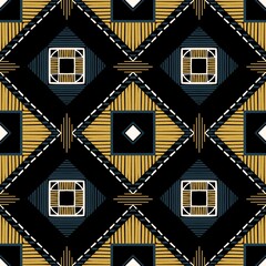 African ethnic tribal pattern in traditional Ikat style, blending vibrant orange, blue, and green tones that contrast beautifully against a light background. The harmonious mix of colors and artistic 