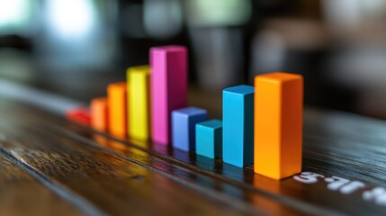 Colorful blocks create an upward trend graph on a wooden surface.