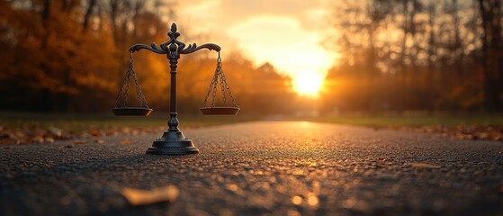 A scale of justice at sunset.