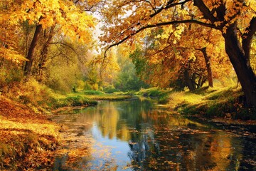 Obraz premium Vibrant autumn landscape with golden leaves reflecting on a serene river during a sunny fall afternoon in a tranquil natural setting