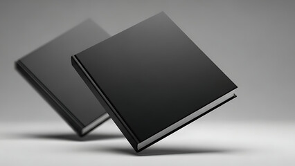 Two black books leaning against each other on a plain background