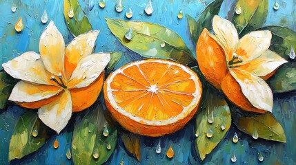 Orange slices and flowers in a still life painting.