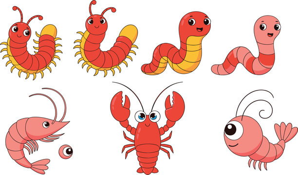 Cute cartoon invertebrate vector illustration set with worms centipede shrimp and lobster characters