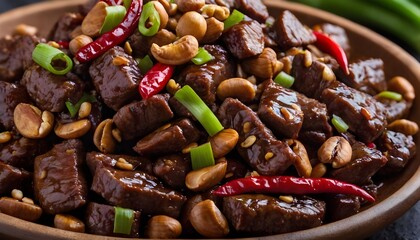 szechuan kung pao beef in a bowl