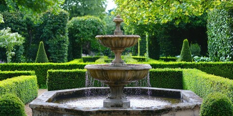 A three-tiered stone fountain with a circular base and a triangular spout, surrounded by neatly trimmed hedges and a lush green garden, with a clear blue sky in the background.