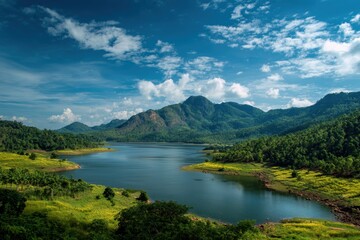 Obraz premium Serene landscape at the mountain reservoir in Nakhon Nayok, Thailand, showcasing lush greenery and clear blue skies on a bright sunny day