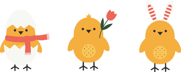 Fototapeta premium Cute Easter Chick Cartoon Set With Egg Shell Scarf Flower And Bunny Ears Illustration
