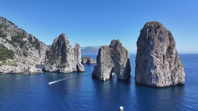 Capri Skyline At Naples In Campania Italy. Beach Landscape. Giant Cliffs Scene. Capri Skyline At Naples In Campania Italy. Gulf Of Naples Skyline. Mediterranean Sea Coast. Scenic Capri Island.