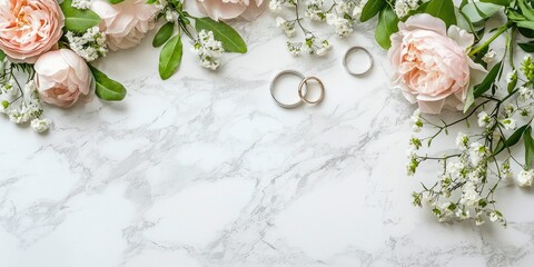 Wedding rings and flowers on a marble background