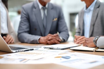 Business leaders engage in strategic discussions during a meeting with visuals and documents on the table, fostering collaboration and decision-making in a professional setting