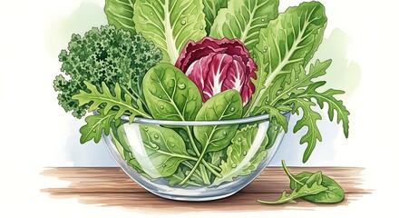 Fresh watercolor illustration of a clear bowl filled with vibrant salad greens