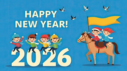 Happy new year 2026 celebration with cartoon characters