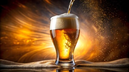 Beer pouring into glass with foam and bubbles, dramatic lighting
