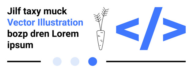 Carrot sketch, coding brackets, text, and dots combine to highlight a mix of technology and nature. Ideal for development, farming, balance, lifestyle, programming creativity simple landing page © robu_s