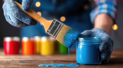 Person painting with vibrant blue color and brush