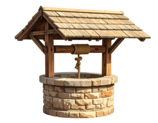 Stone well with wooden roof, bucket, and rope, against a dark backdrop
