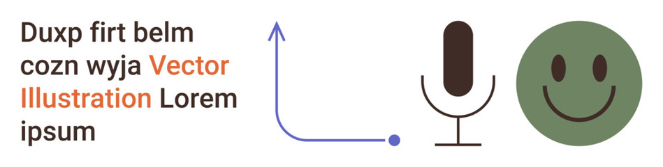 Fototapeta premium Communication, audio recording, user interface, positivity, expression, content creation. Graphic showing a microphone, smile face upward arrow and placeholder text. Communication and audio