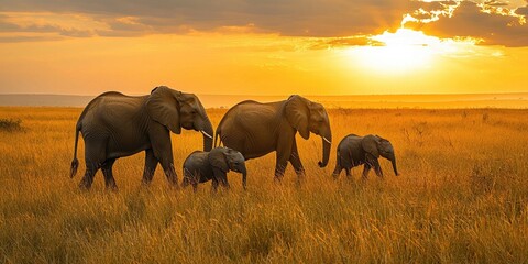 A family of elephants, including two adults and two young ones, walking through a grassy field with a beautiful sunset in the background.