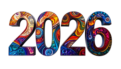 Stylized, colorful, and ornate 2026 text with a black background