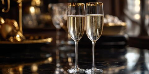 Two champagne glasses filled with champagne, one with a gold rim, on a dark table with a gold and black tablecloth.
