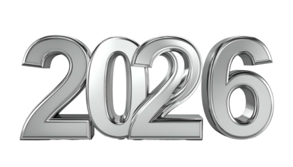 Shiny silver 2026 number design floating against a dark backdrop
