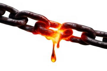 Metal chain link melting with glowing liquid dripping, showing concepts of weakness, failure, and breaking point on transparent background