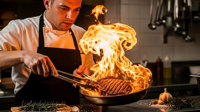 Chef flambeing food in kitchen.