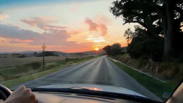 Immersive 4K point of view driving footage along rural road with breathtaking sunset filling the background conveying freedom travel adventure vacation road trip 