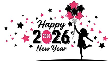 Happy new year 2026 celebration with stars and balloons