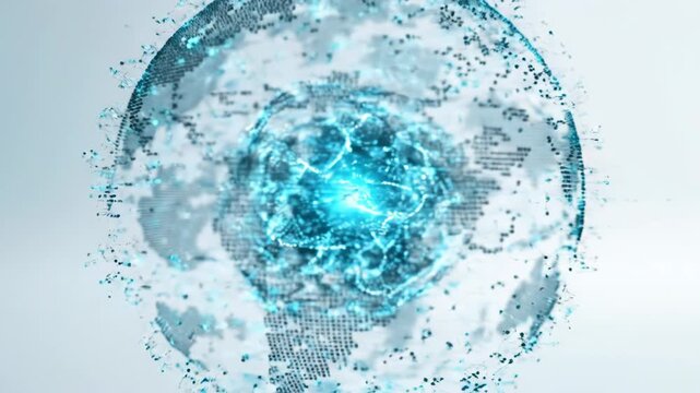Blue digital globe with pixels and light effect on white background for global communication concept