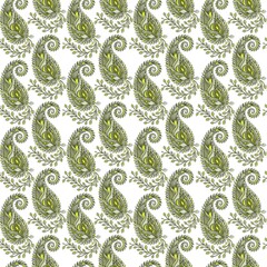 seamless floral pattern Seamless Hand-Drawn Green Paisley Pattern with Botanical Leaf Ornament