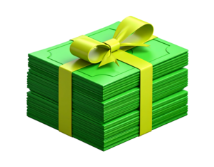 Stack of green paper bills tied with a yellow ribbon, gift-wrapped