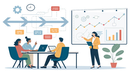 Fototapeta premium Strategic Business Planning Meeting Illustration with Data Charts and Professional Team Collaborating on Corporate Strategy