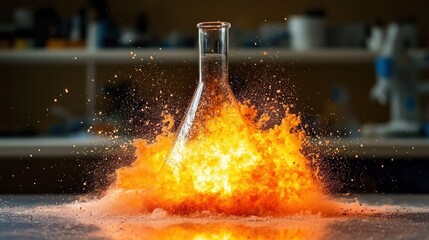 Erlenmeyer flask explodes with fire on lab table, dark background