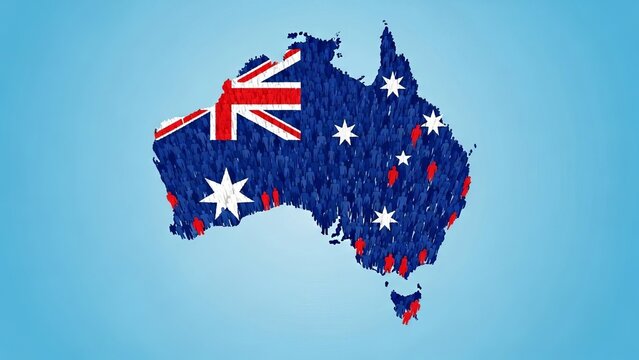 Australia map filled with diverse people figures and flag