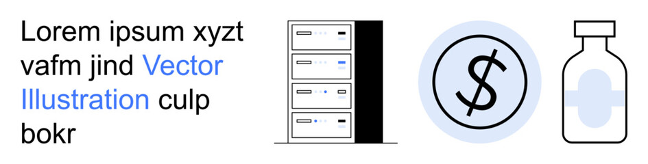 Obraz premium Technology, finance, medicine, pharmaceuticals, data management, cost analysis. A server, dollar symbol and medicine bottle. Technology and finance concepts combined with medicine and data