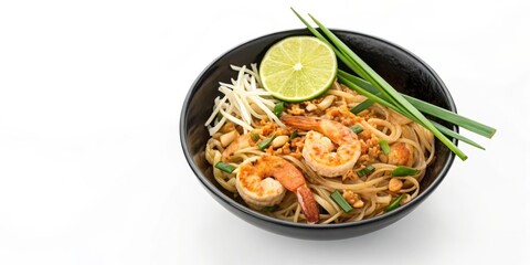 Pad Thai with Shrimp, Bean Sprouts, Peanuts, Lime, and Scallions on White Background