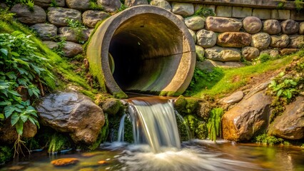 Water flows from a concrete pipe into a mossy stream
