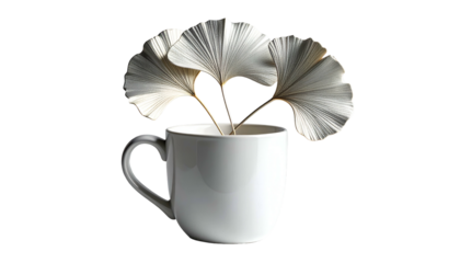 Creamy ginkgo leaves in a white mug against a stark black backdrop