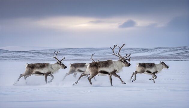 Herd of wild reindeer with large antlers running across a vast snowy landscape during a cold winter migration under an overcast sky