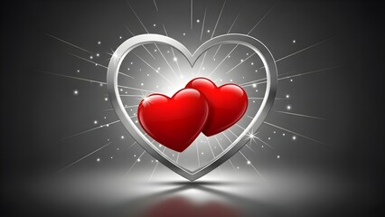Two vibrant glossy red hearts nestled closely within a shimmering silver outline against a dramatic dark background radiating bright white light bursts and sparkles beautifully