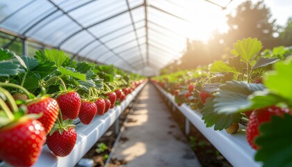 Ripe red strawberries growing in neat rows inside a modern greenhouse under bright natural sunlight.