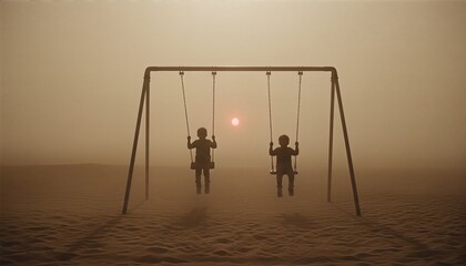 Two silhouetted children sitting on a swing set in a vast, desolate desert during a hazy sunset, creating a surreal and melancholic, post-apocalyptic scene