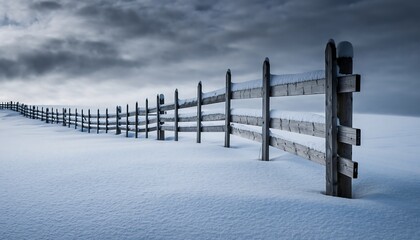 Snowy wooden fence surrounded by untouched snow under a moody overcast sky, creating a calm winter silence with minimalist rural atmosphere and cold seasonal mood.
