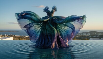 Beautiful flowing multicolored ethereal evening gown stands magically in an infinity pool with its sheer fabric billowing in the wind against a scenic coastal sunset