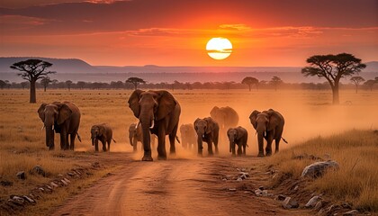 Fototapeta premium Large family herd of wild elephants marching on a dusty dirt road, kicking up dust in the warm golden light of a spectacular savanna sunset
