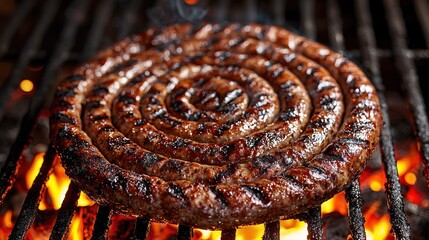 Grilled sausage spiral on a grill, cooking over open flames with char marks