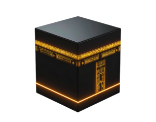 Isometric view of a cube-shaped holy site with gold detail on black