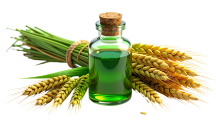 A bottle of green liquid sits amid wheat and bundled green grass