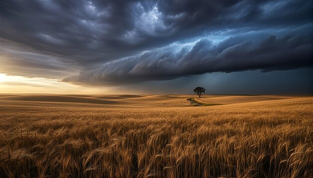 Dramatic landscape of a golden wheat field on rolling hills under an ominous dark storm cloud with a solitary tree and a winding road at sunset